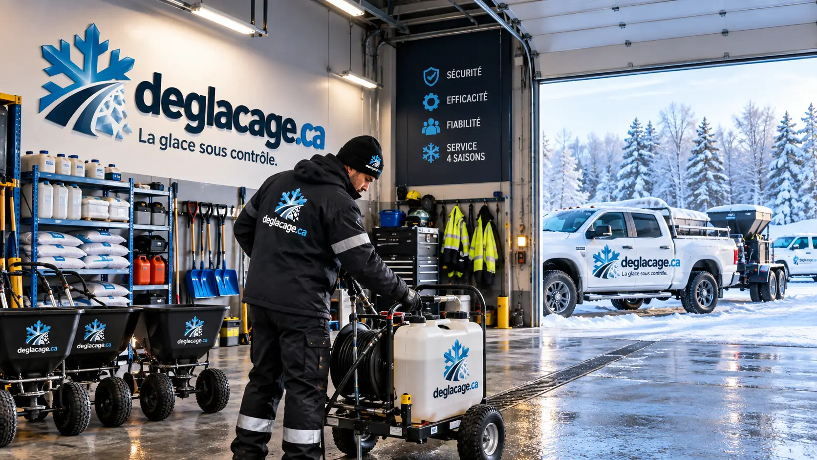 Technicien préparant son équipement de déglaçage dans un atelier, épandeurs et camion identifié