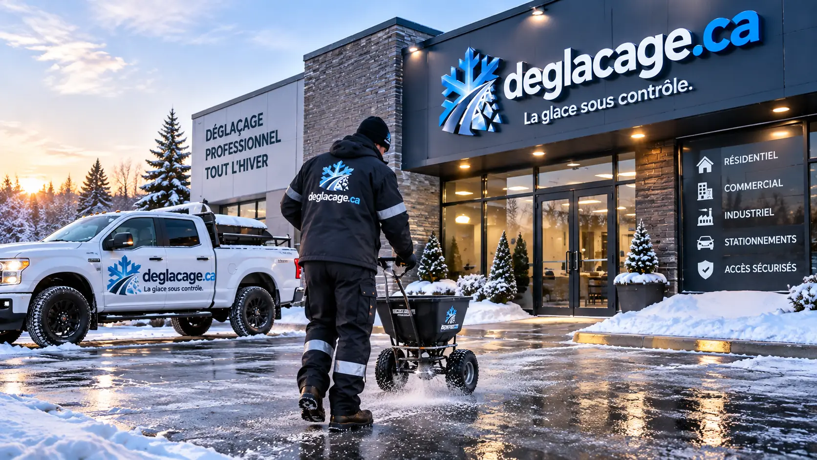 Technicien épandant un produit devant la façade de l'entreprise au lever du jour