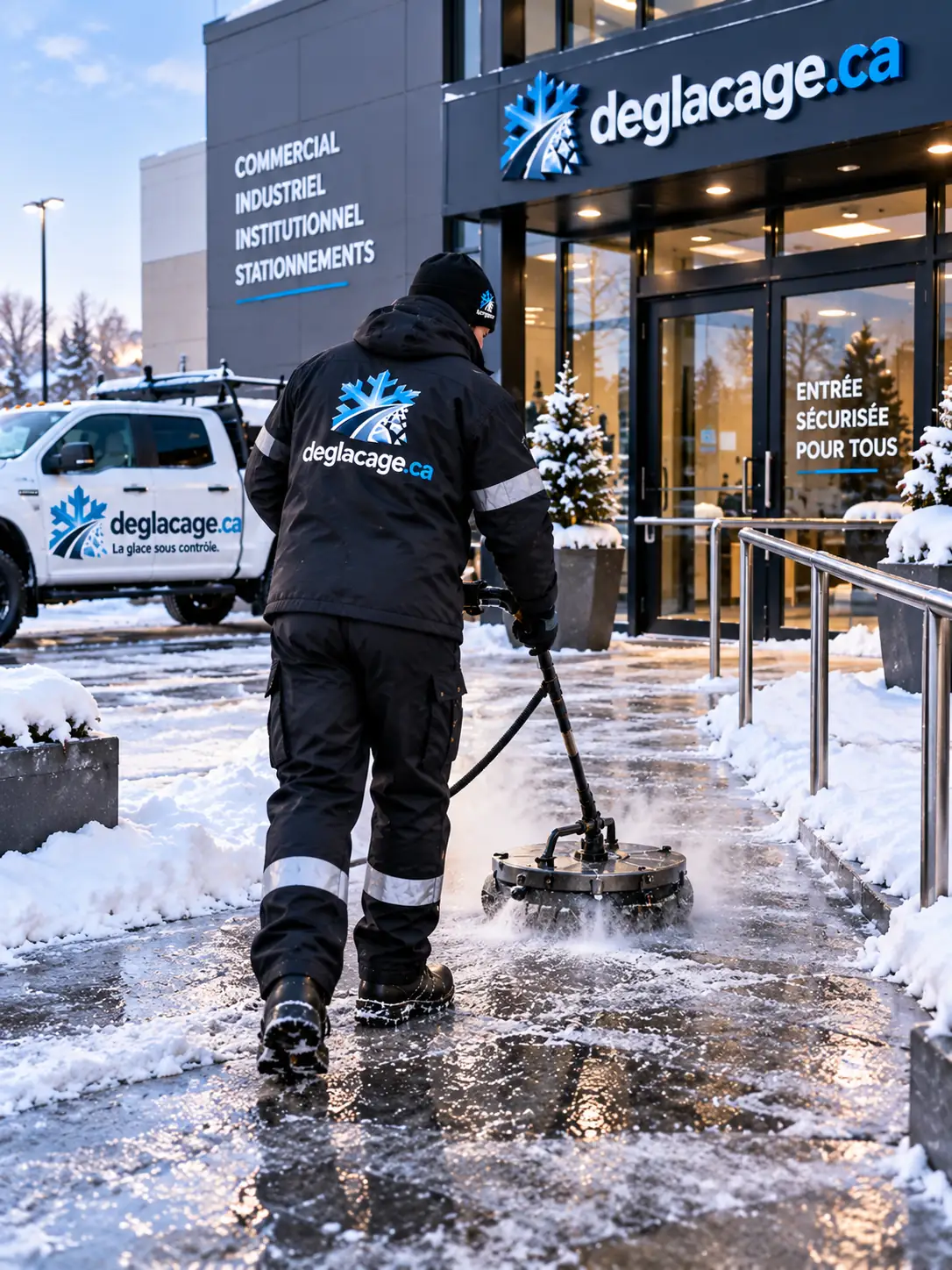Technicien déglaçant le trottoir devant l'entrée vitrée d'un immeuble commercial