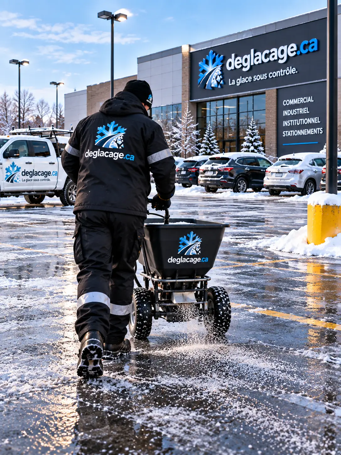 Technicien épandant un abrasif sur un stationnement commercial glacé