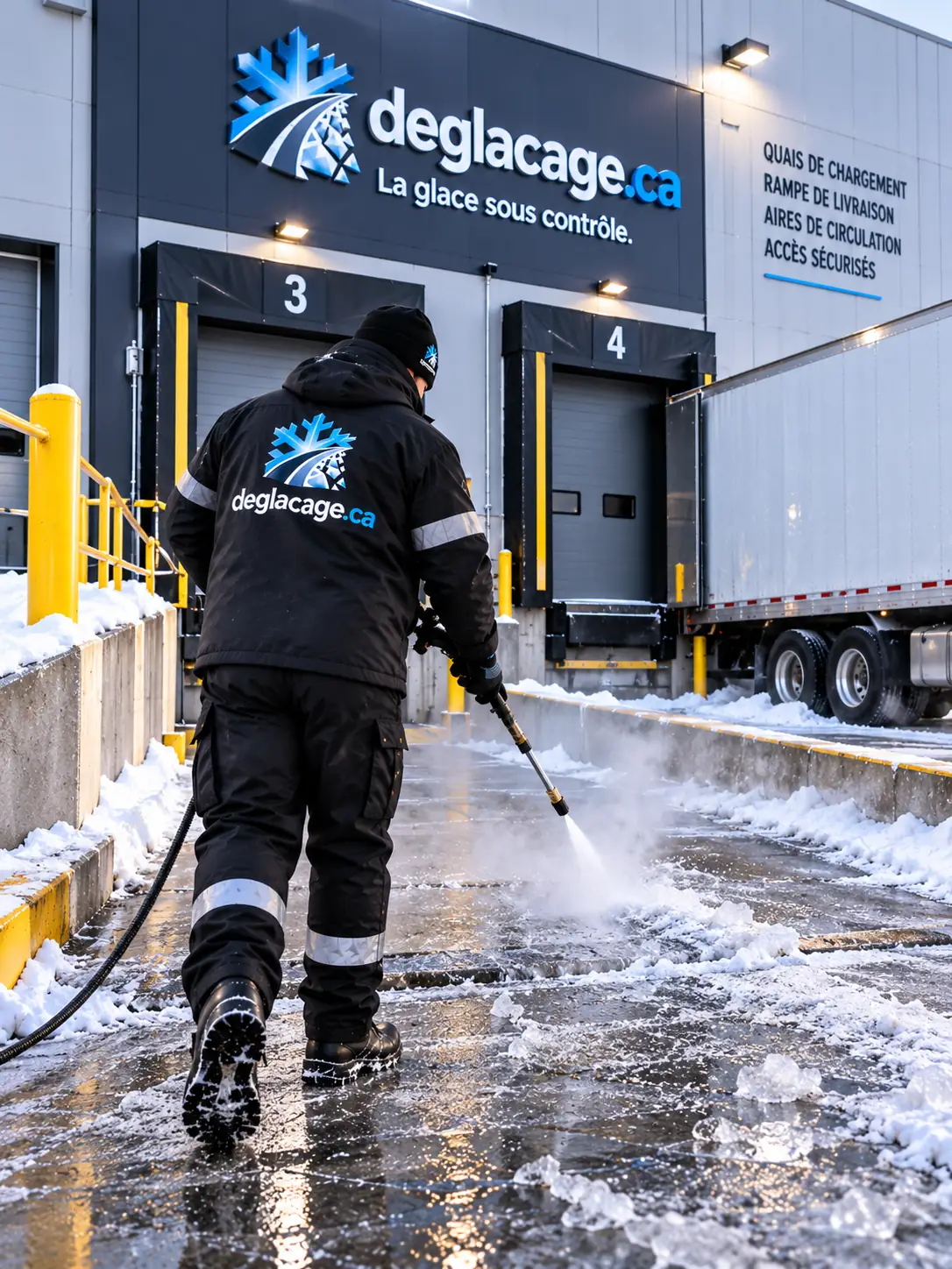 Technicien déglaçant l'aire devant les quais de chargement d'un entrepôt