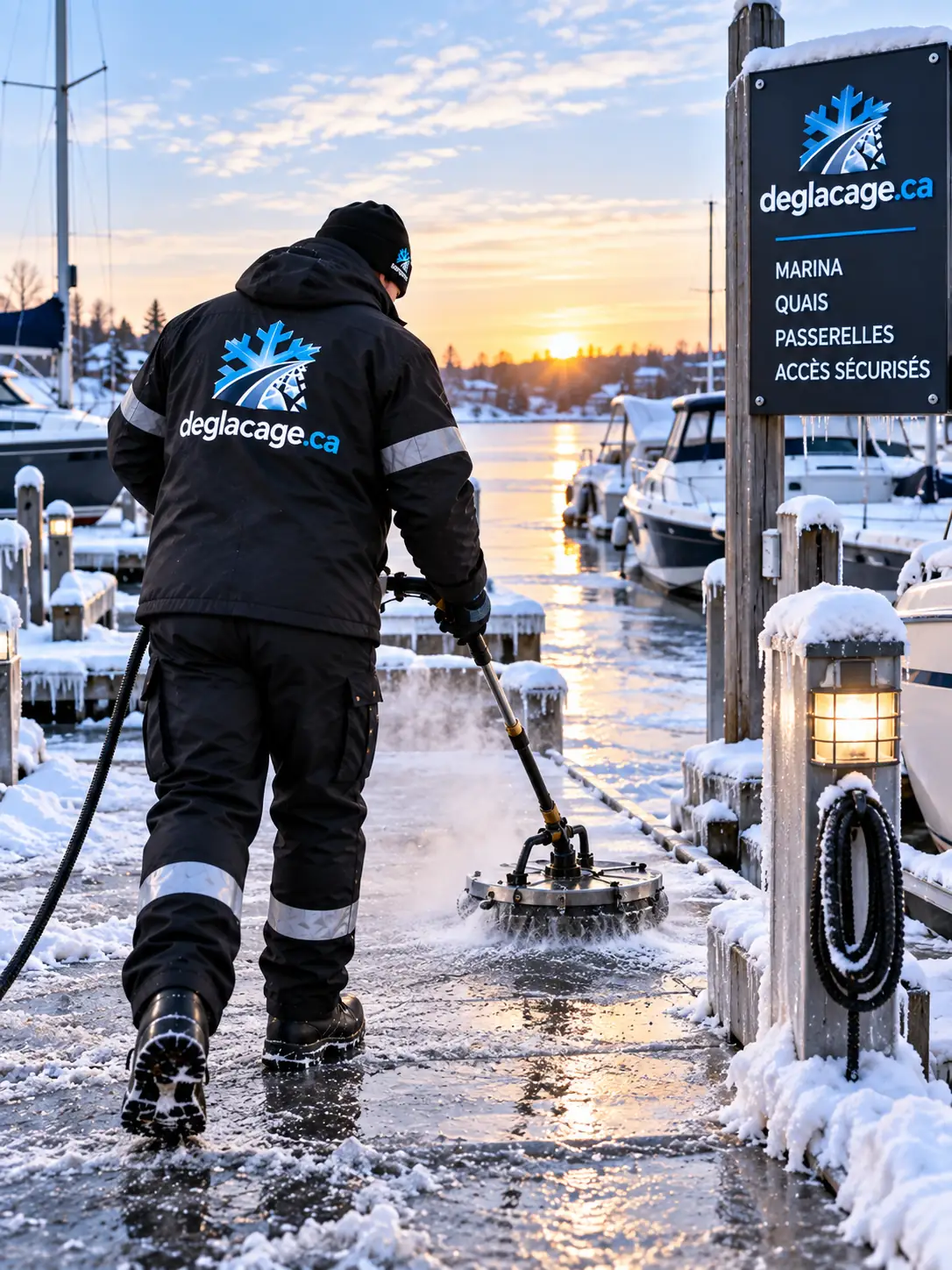 Technicien déglaçant une passerelle de marina au bord de l'eau au coucher du soleil